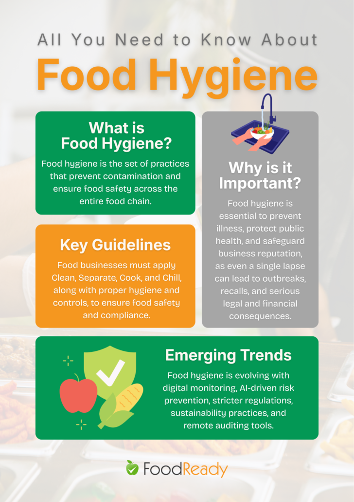 What is food hygiene: An infographic titled “Food Safety Consultant Responsibilities & Services” showing four key areas of food hygiene management—program design, implementation support, regulatory alignment, and verification and improvement. The graphic explains how consultants build food safety systems using hazard analysis and preventive controls, implement SOPs and staff training, ensure compliance with FDA, USDA, and global regulations, and improve processes through audits, CAPA, and data review, with a FoodReady logo at the bottom.