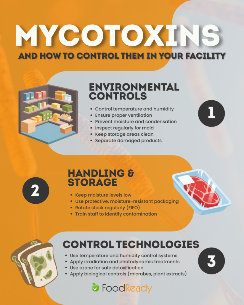 Mycotoxins control in food facilities highlighting environmental controls, proper handling and storage practices, and advanced technologies to prevent contamination and ensure food safety.